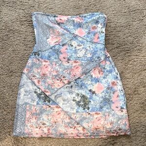 Altar'd State Strapless Patchwork Floral Mini Dress in Blue & Pink